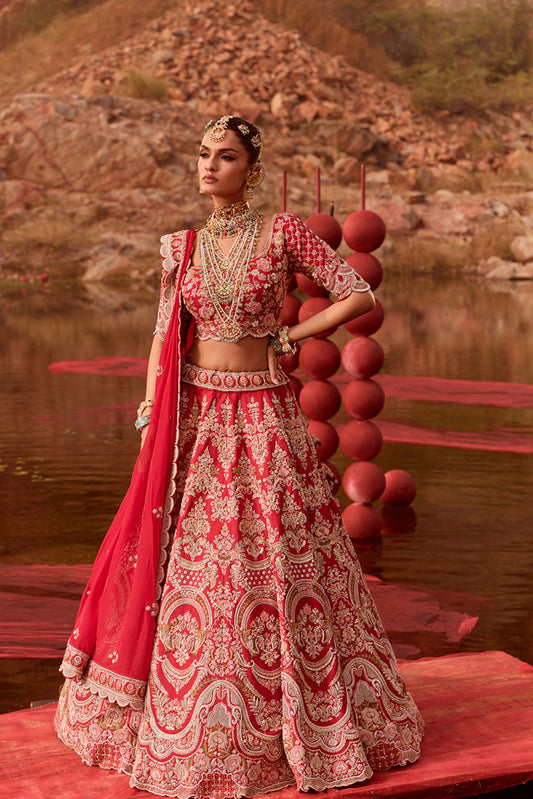 Red Raw Silk Bridal Lehenga with Scallop Dupatta