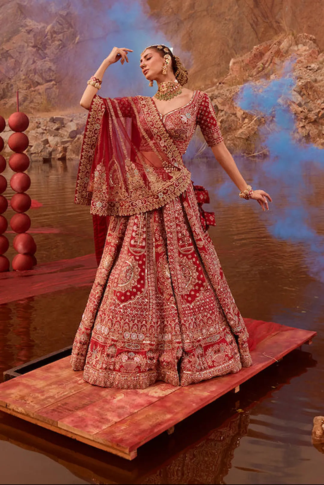 Red Silk Mirror & Shisha Embroidered Bridal Lehenga