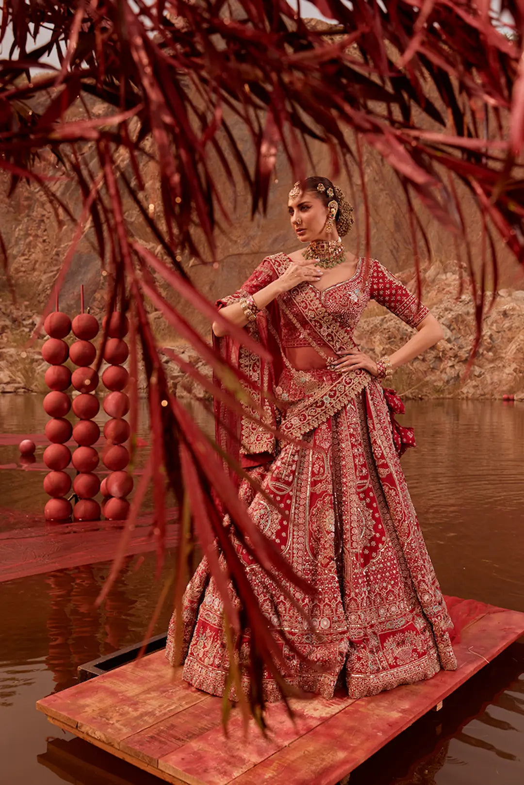 Red Silk Mirror & Shisha Embroidered Bridal Lehenga