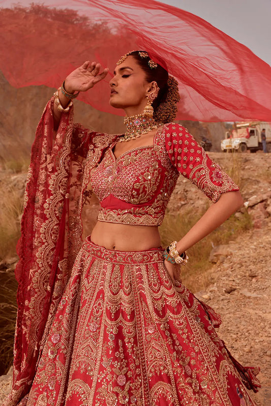 Red Zardozi Work Silk Bridal Lehenga