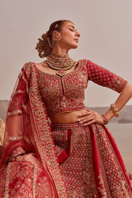Red Zari And Thread Work Silk Bridal Lehenga