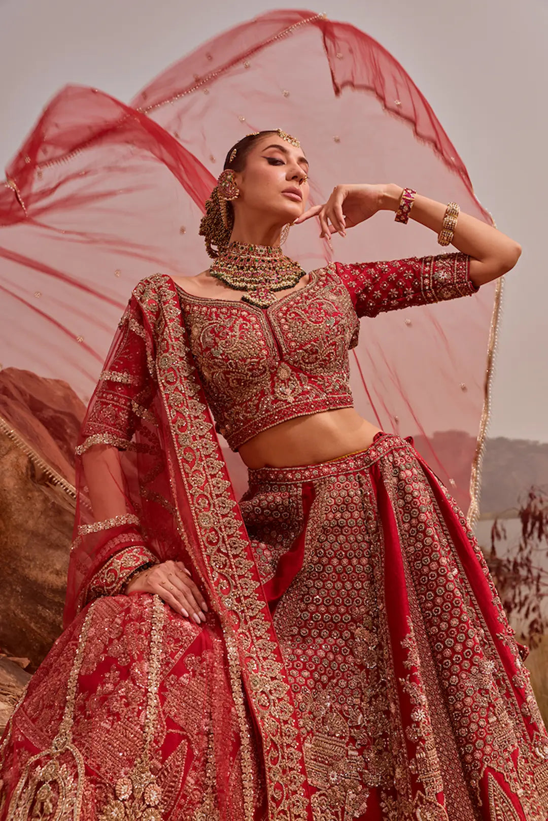 Red Zari And Thread Work Silk Bridal Lehenga