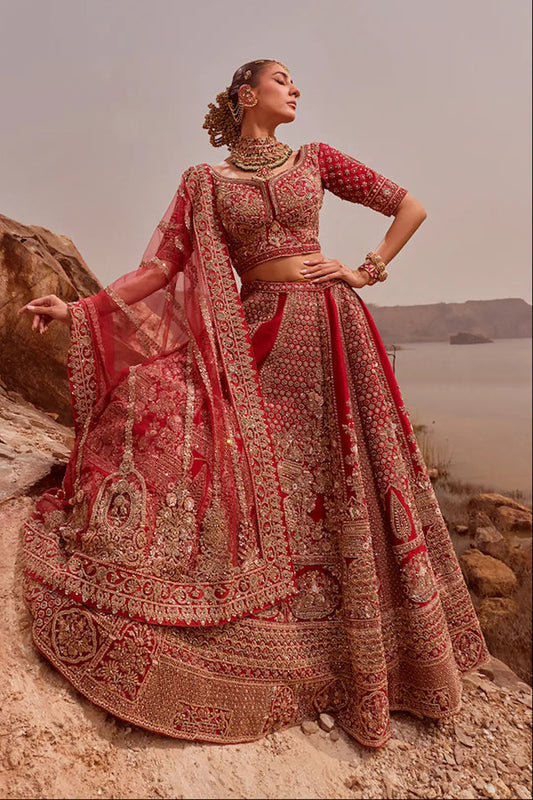 Red Zari And Thread Work Silk Bridal Lehenga