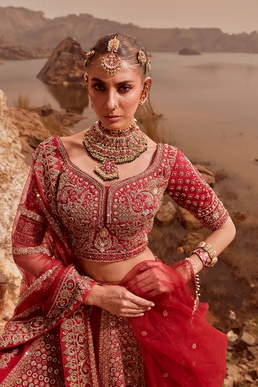 Red Zari And Thread Work Silk Bridal Lehenga