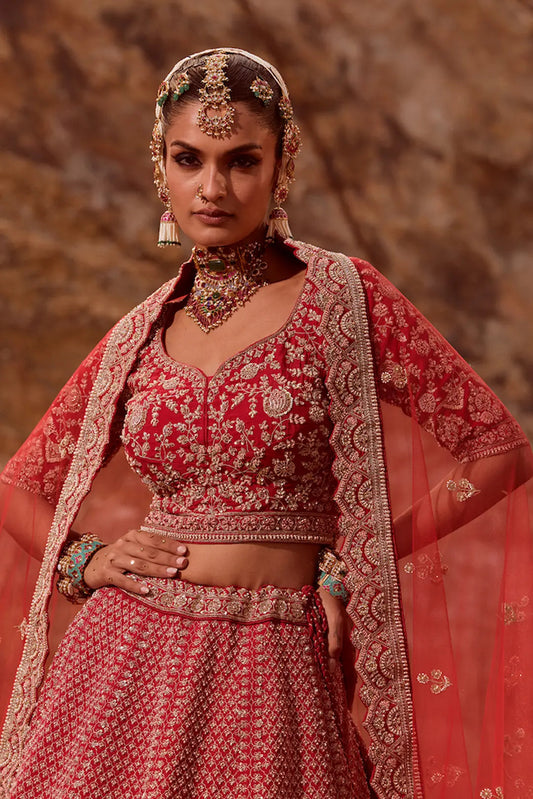 Red Jaal & Zari Work Bridal Lehenga
