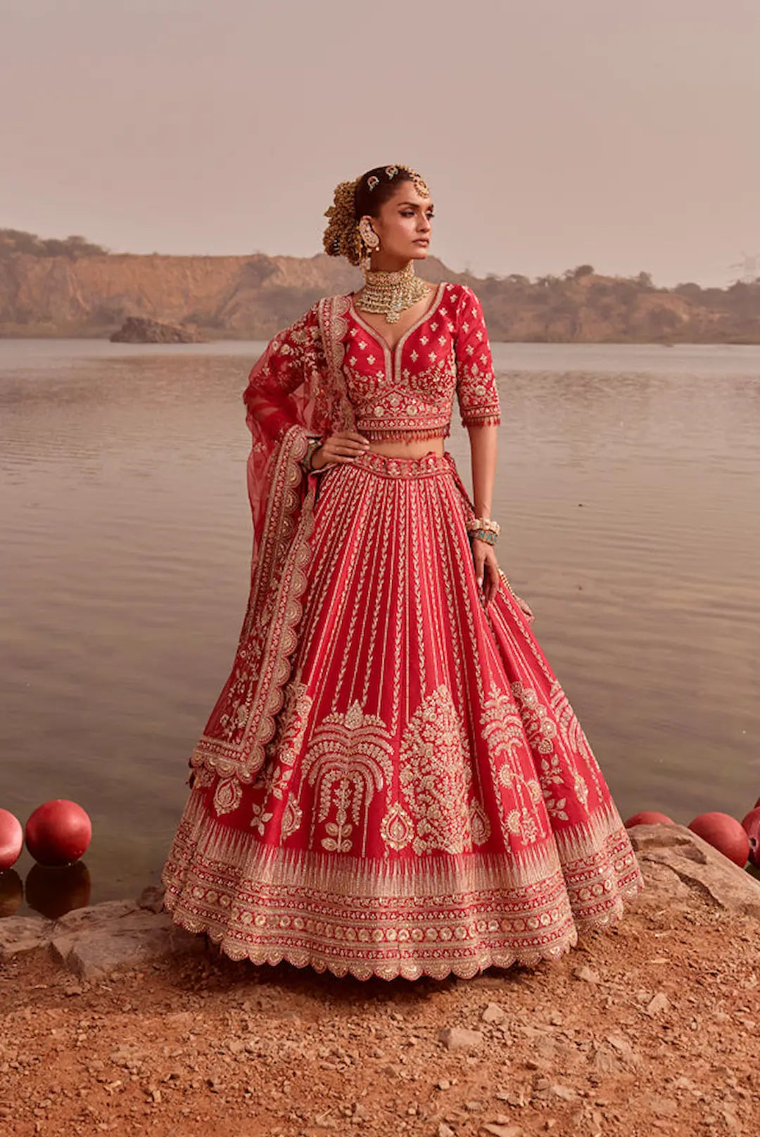 Red Bridal Lehenga With Heavy Zari And Cut dana Embroidery And Dual Dupatta