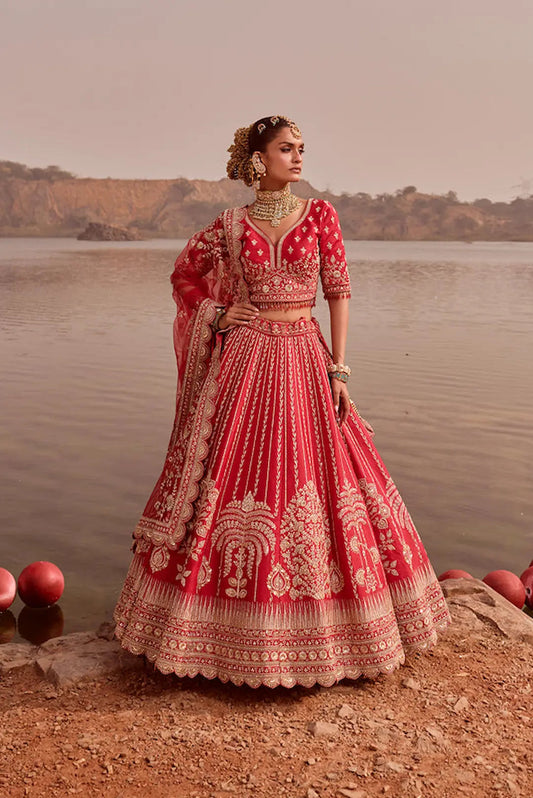 Red Bridal Lehenga With Heavy Zari And Cut dana Embroidery And Dual Dupatta