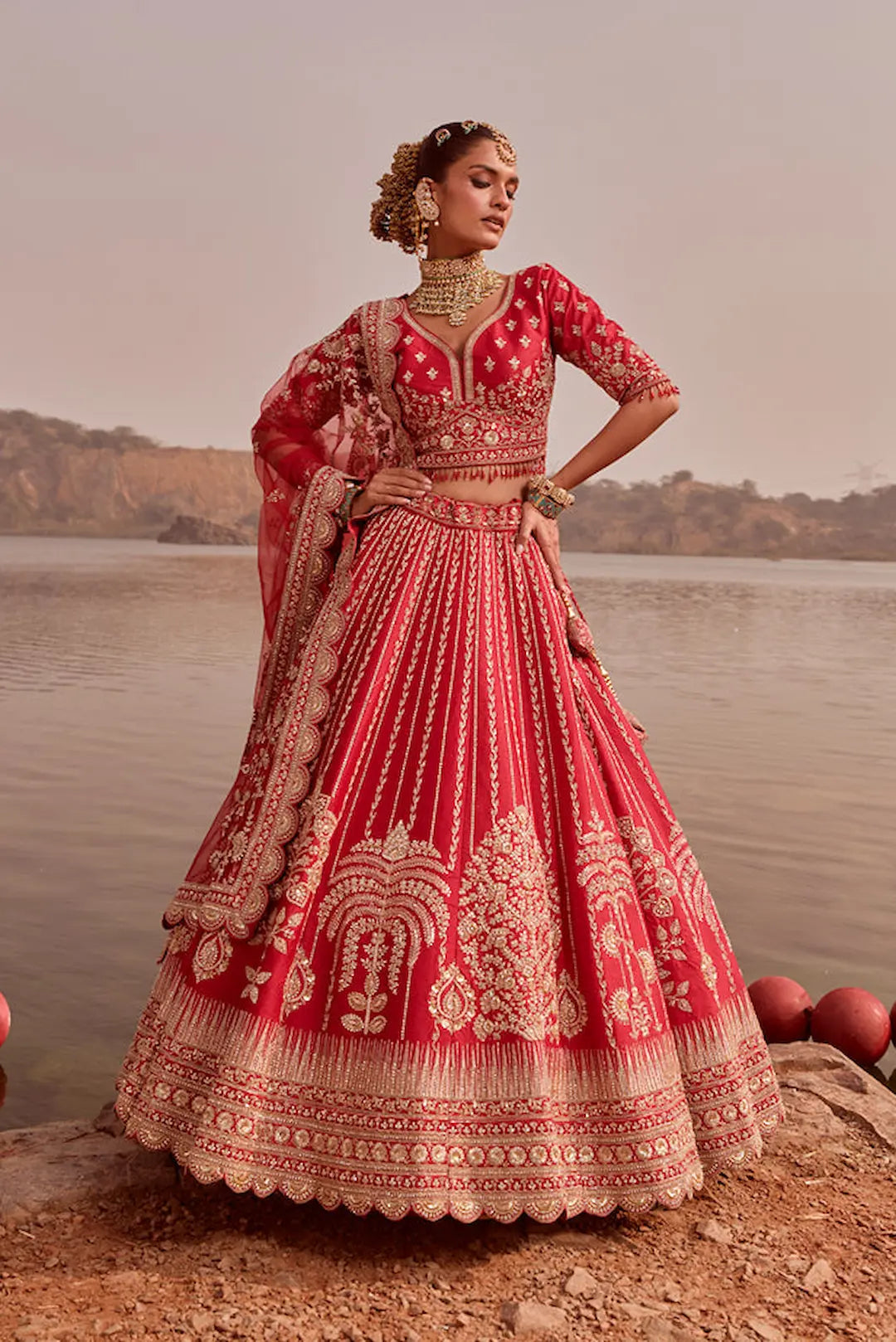 Red Bridal Lehenga With Heavy Zari And Cut dana Embroidery And Dual Dupatta
