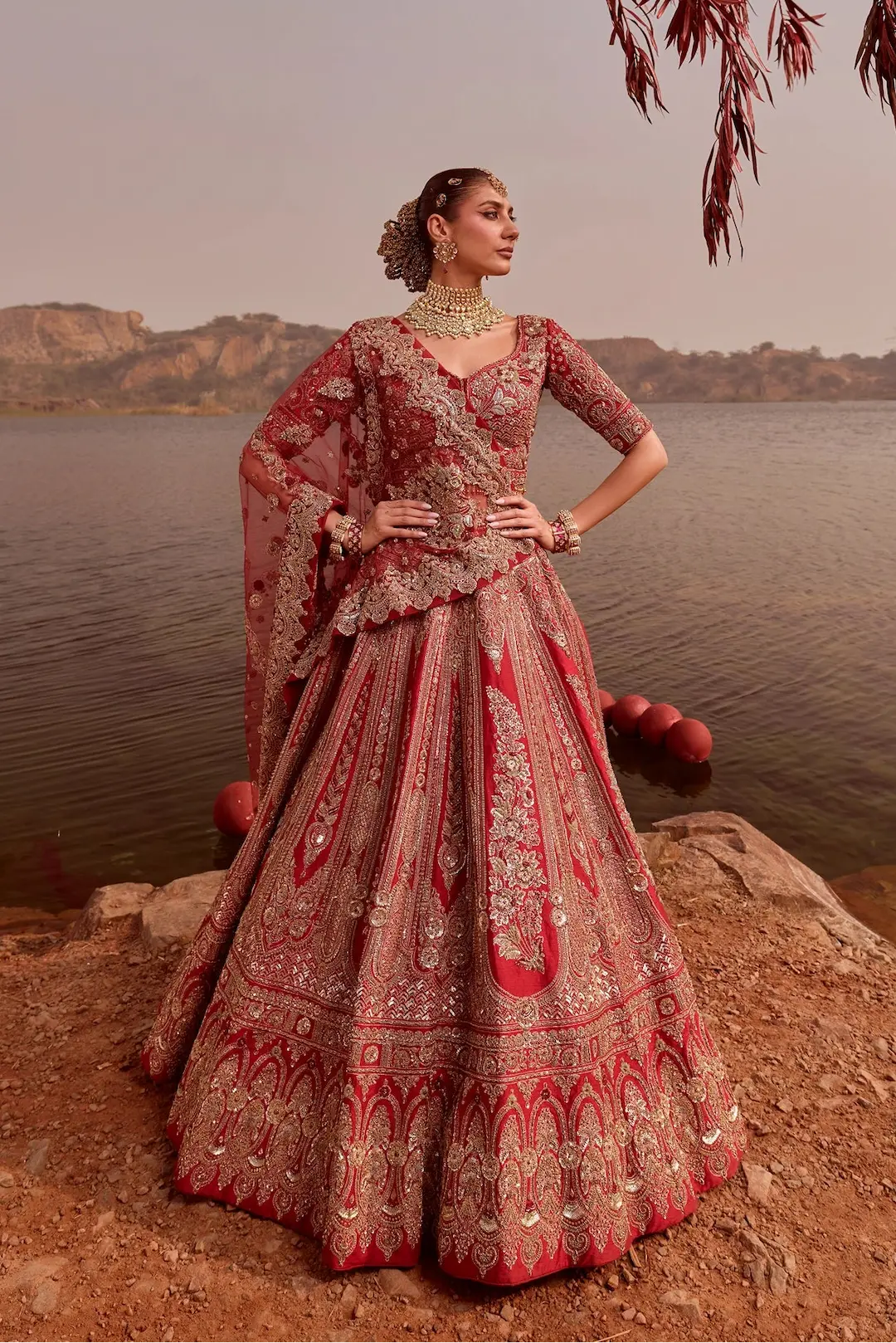 Red Intricate Hand Embroidery Bridal Lehenga