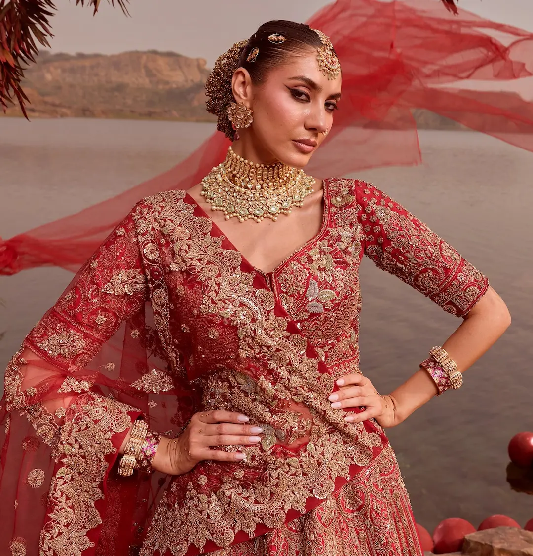 Red Intricate Hand Embroidery Bridal Lehenga