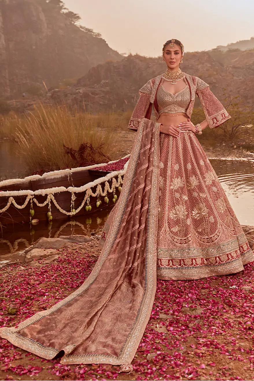 Blush Pink Tissue Silk Heavy Embroidered Bridal Lehenga