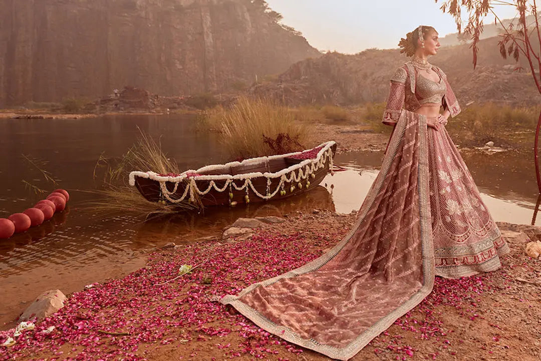 Blush Pink Tissue Silk Heavy Embroidered Bridal Lehenga