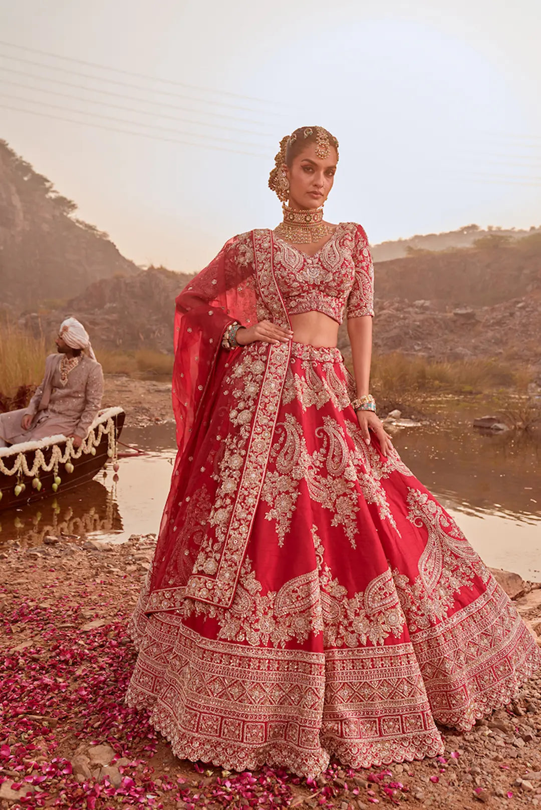 Red Raw Silk Paisley Embroidery Bridal Lehenga