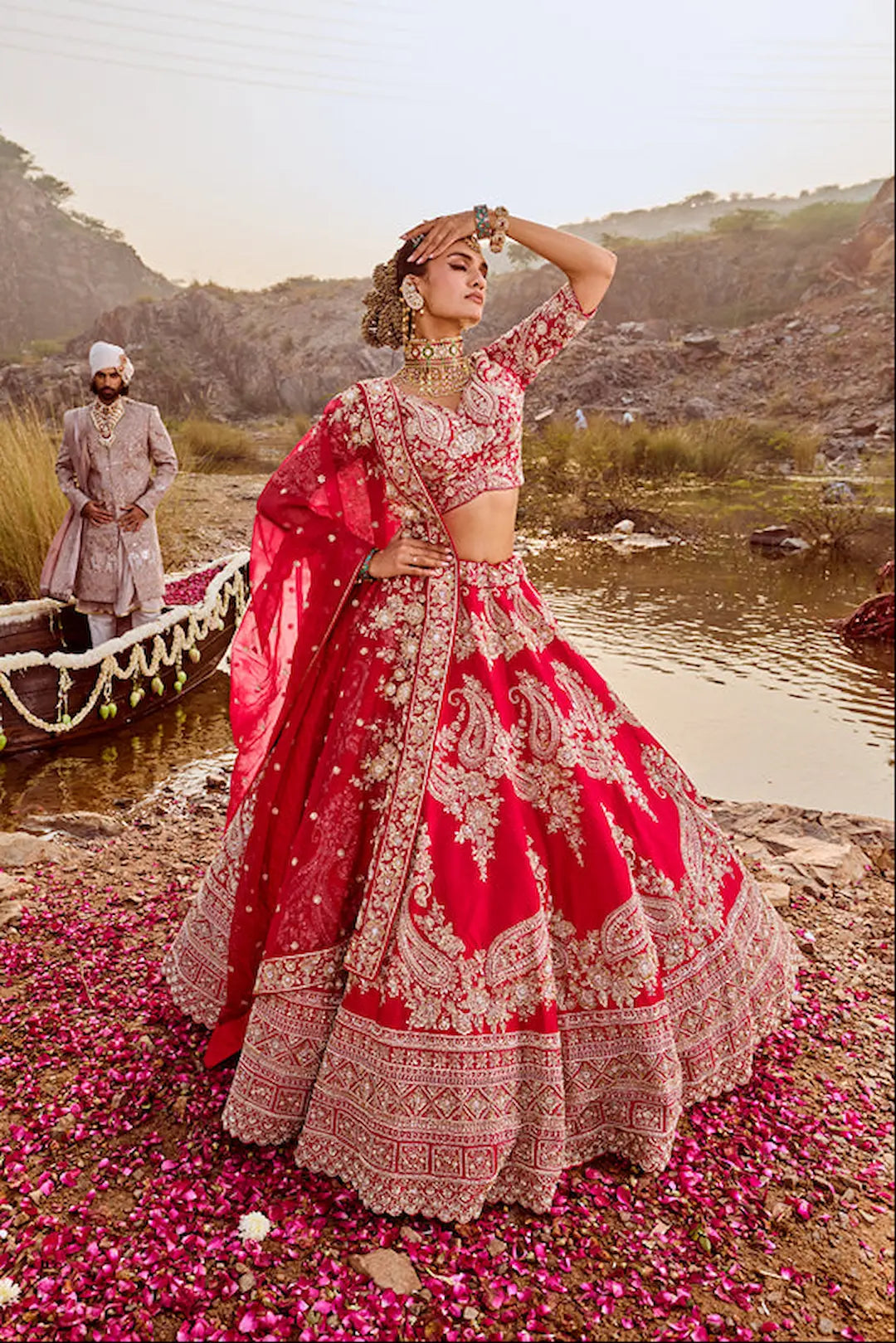 Red Raw Silk Paisley Embroidery Bridal Lehenga