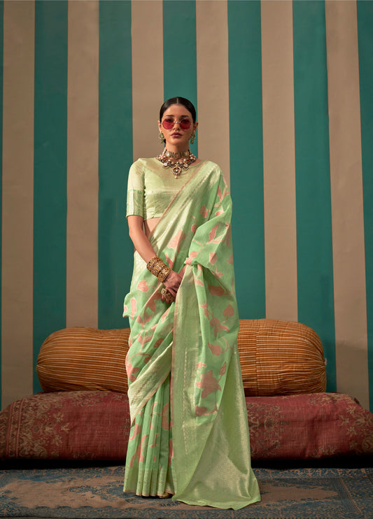 Mint Green Kapri Linen Handloom Silk Saree