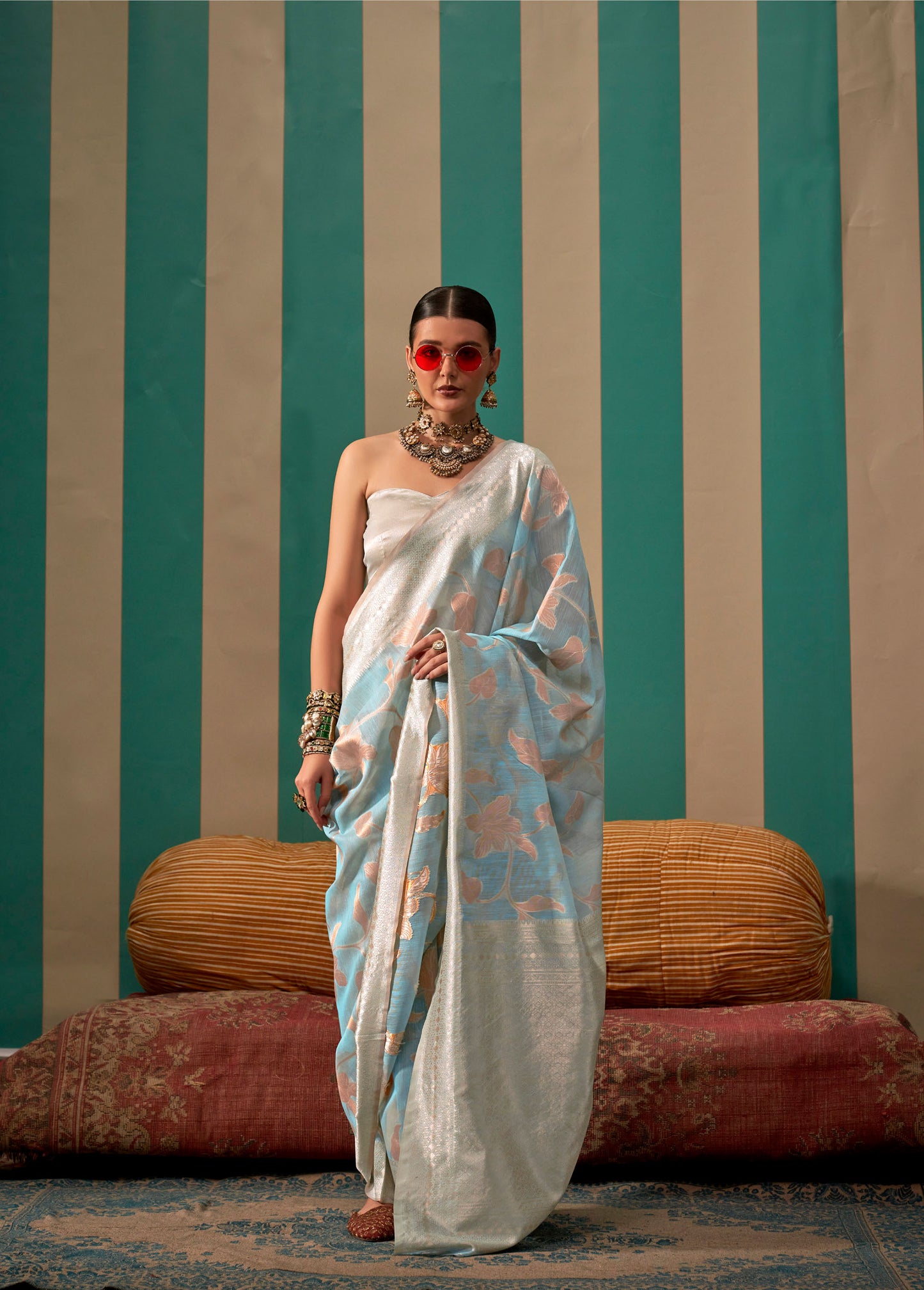 Blue Kapri Linen Handloom Silk Saree