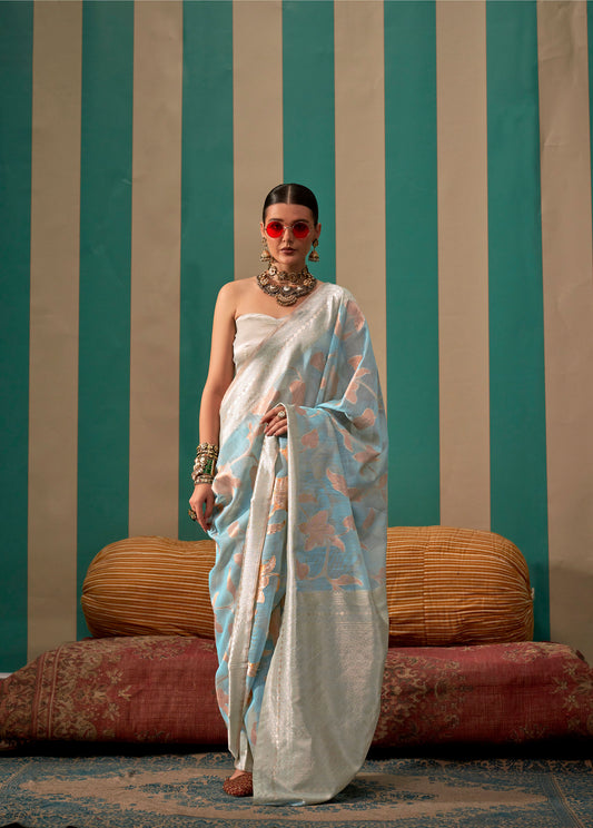 Blue Kapri Linen Handloom Silk Saree