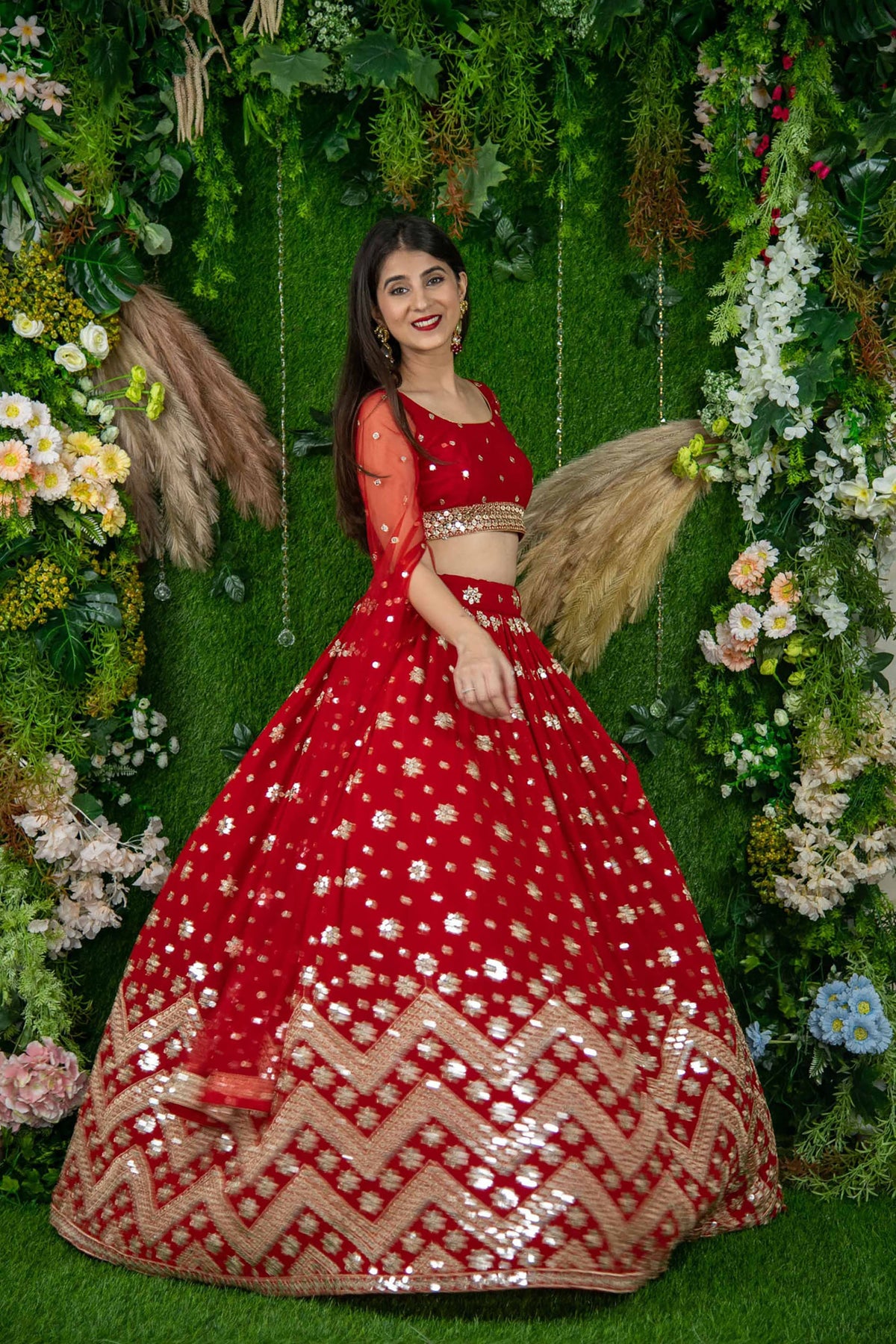 Red Georgette Sequins & Zari Embroidered Wedding Lehenga