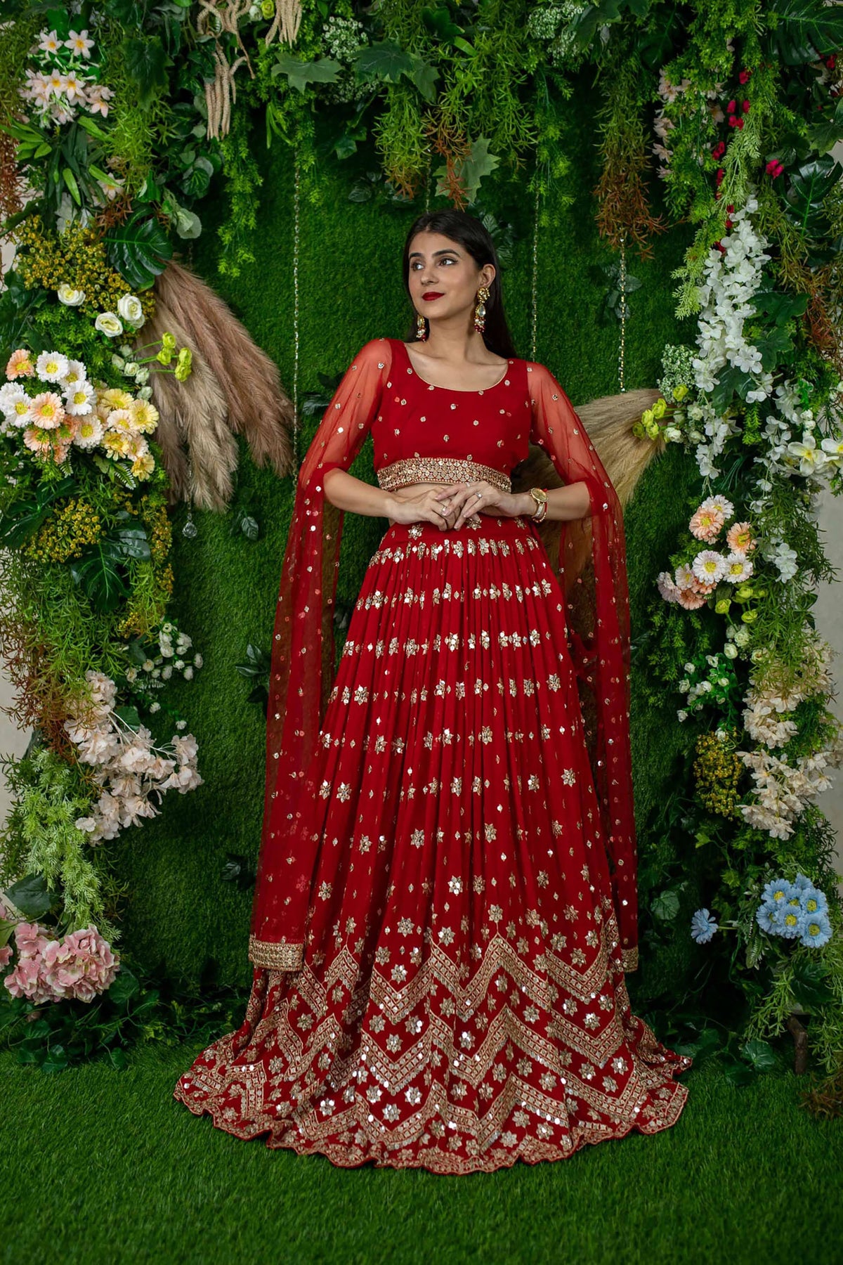 Red Georgette Sequins & Zari Embroidered Wedding Lehenga