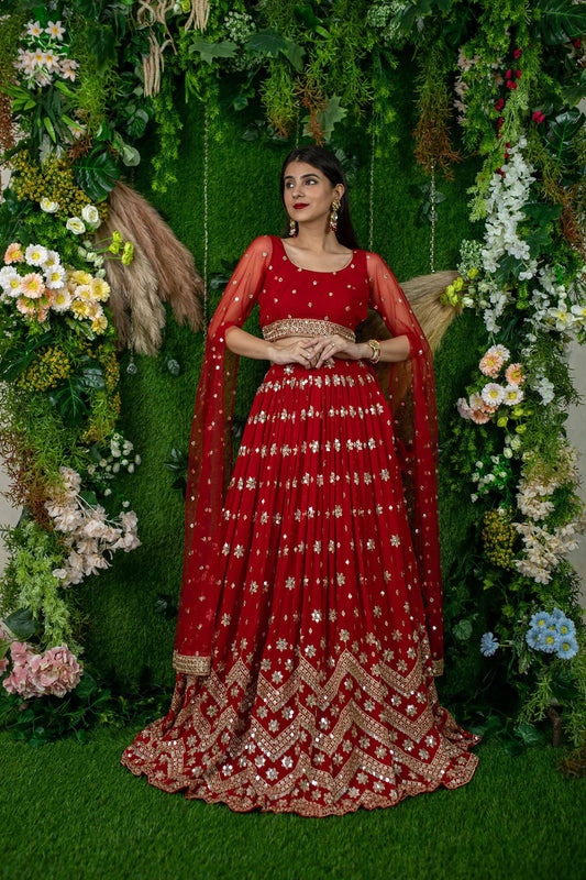 Red Georgette Sequins & Zari Embroidered Wedding Lehenga