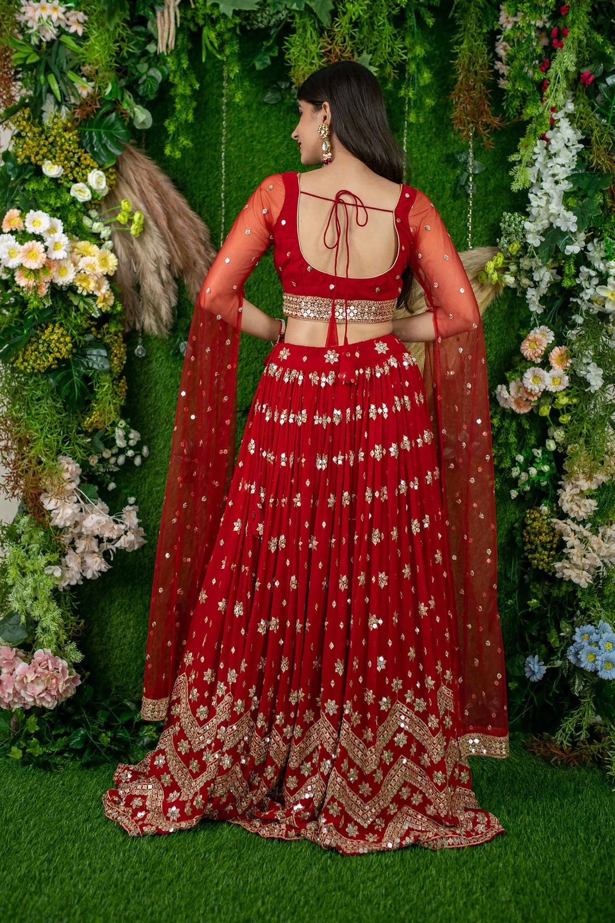 Red Georgette Sequins & Zari Embroidered Wedding Lehenga