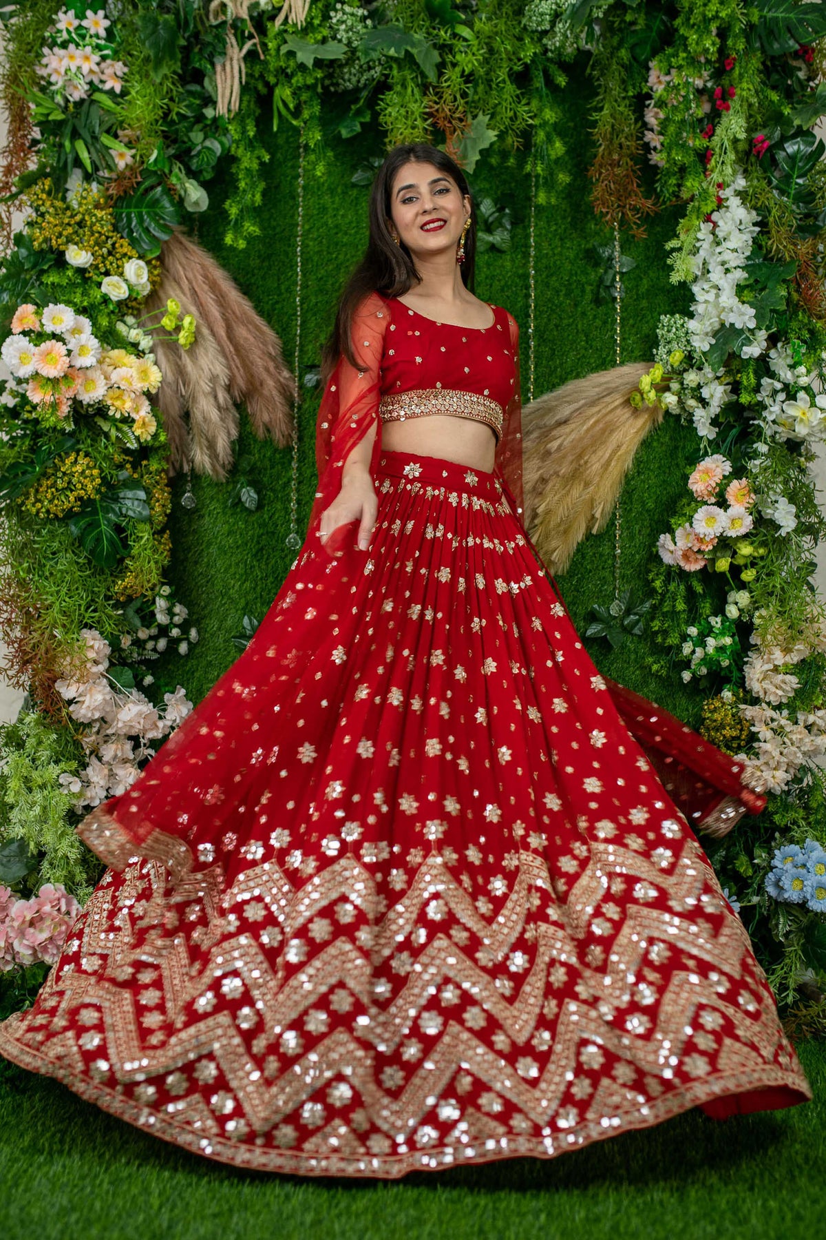 Red Georgette Sequins & Zari Embroidered Wedding Lehenga
