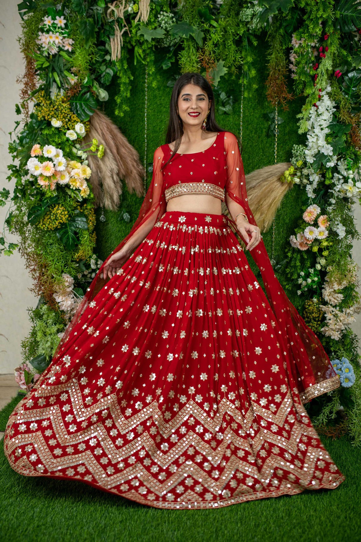 Red Georgette Sequins & Zari Embroidered Wedding Lehenga