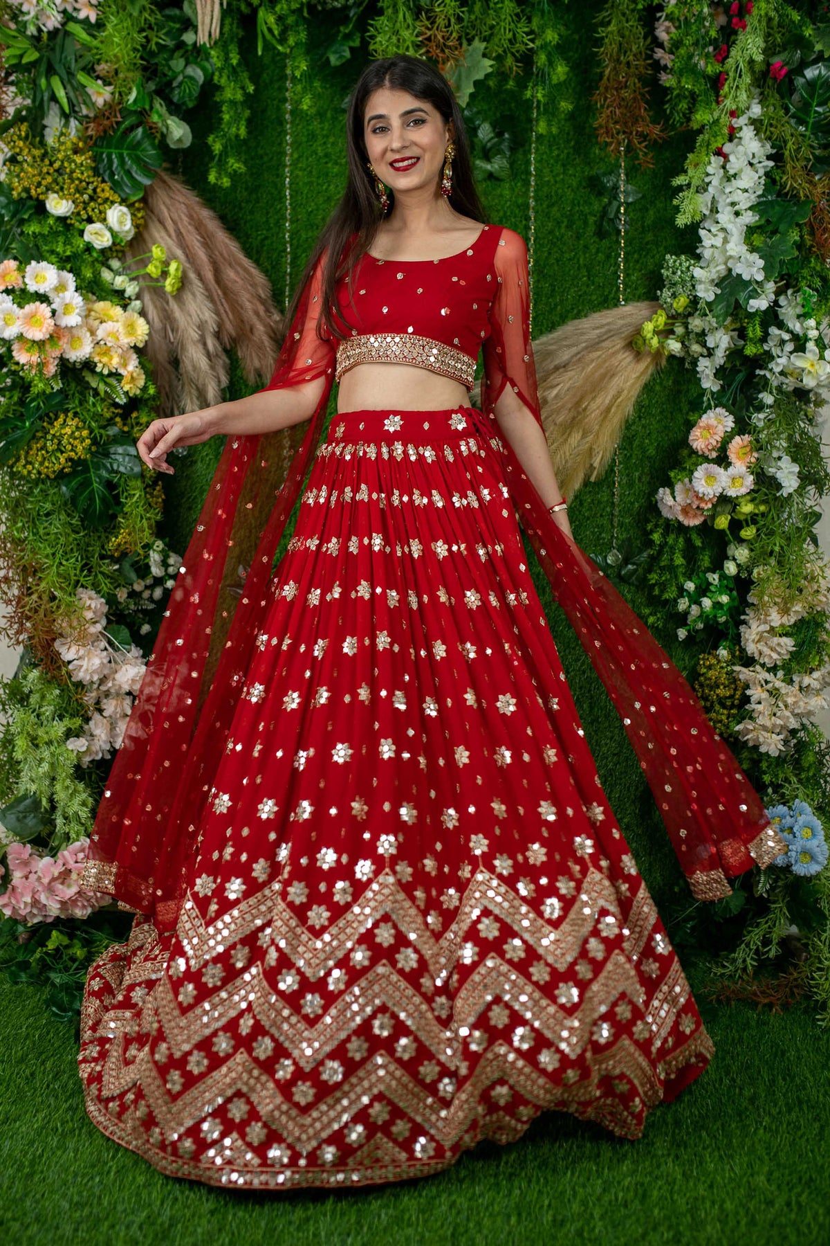 Red Georgette Sequins & Zari Embroidered Wedding Lehenga