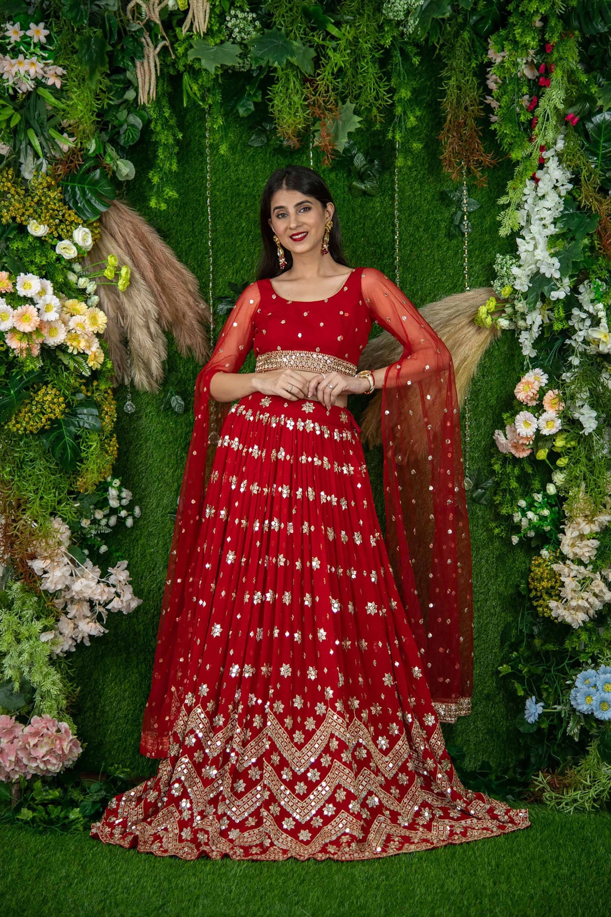 Red Georgette Sequins & Zari Embroidered Wedding Lehenga