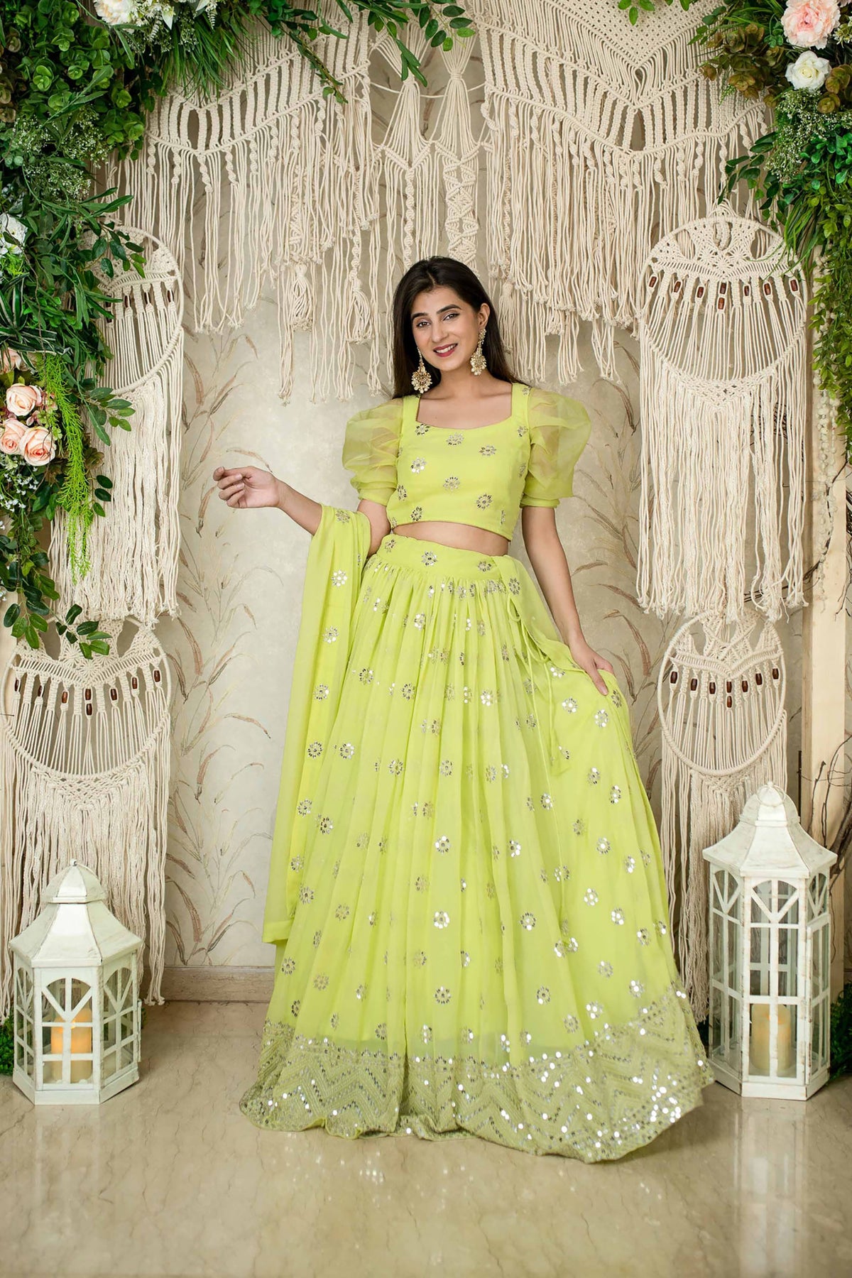 Green Georgette Sequins & Zari Embroidered Mehendi Lehenga
