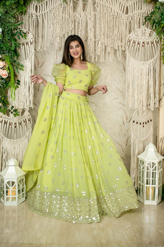 Green Georgette Sequins & Zari Embroidered Mehendi Lehenga