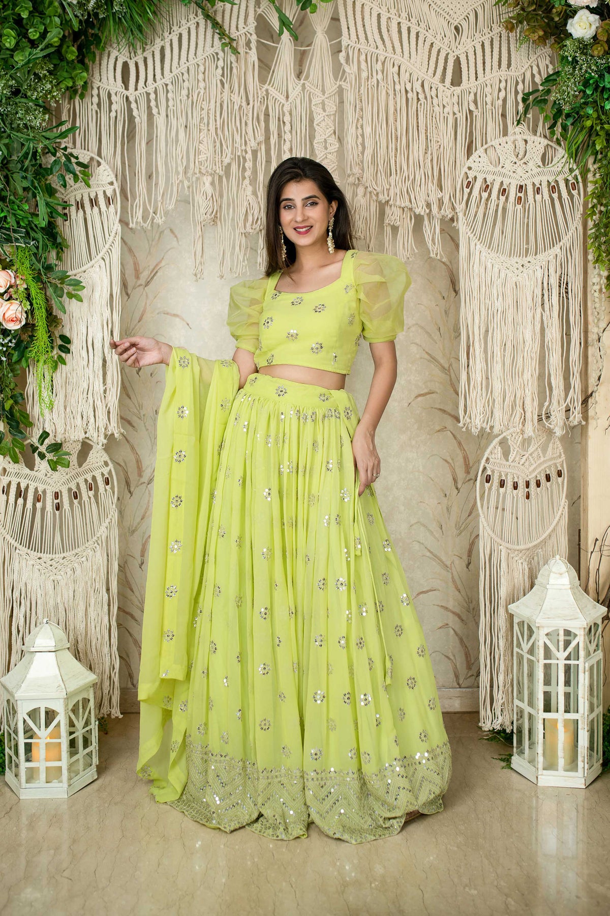 Green Georgette Sequins & Zari Embroidered Mehendi Lehenga