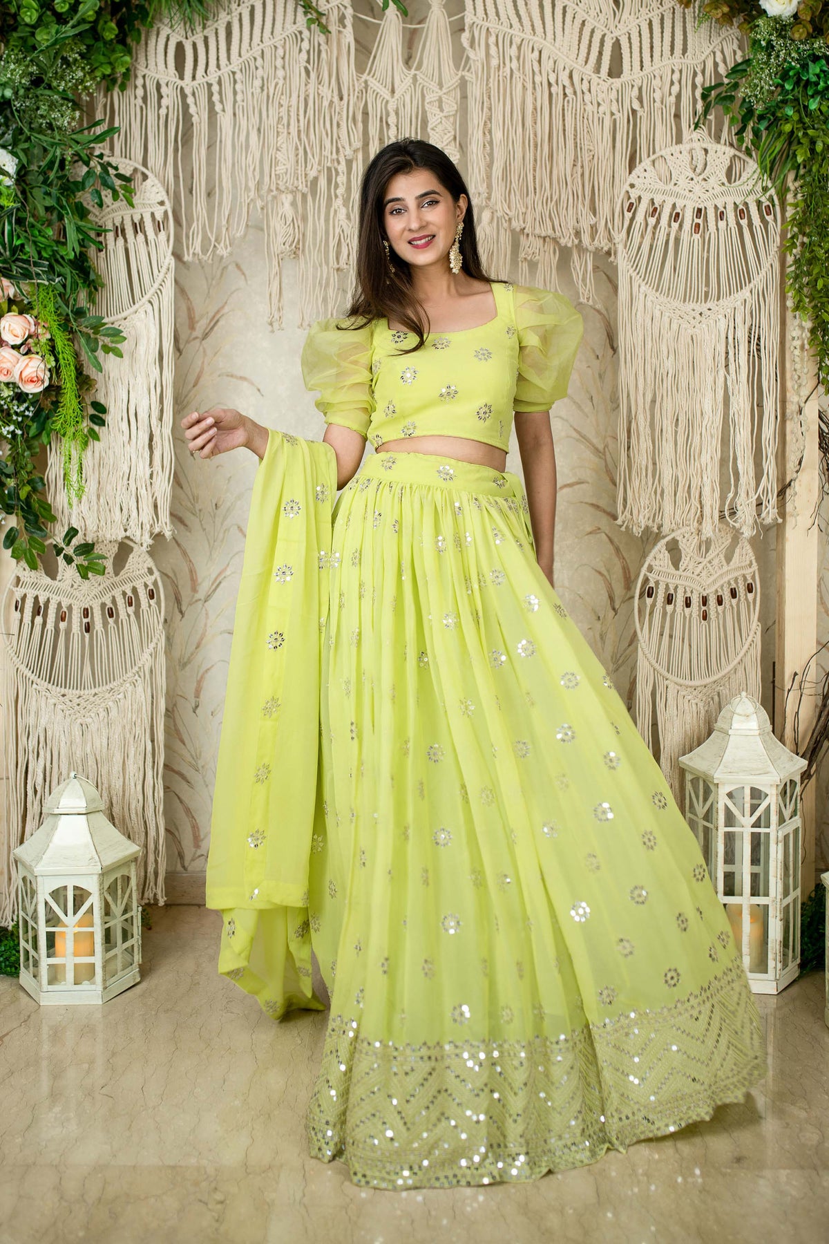 Green Georgette Sequins & Zari Embroidered Mehendi Lehenga