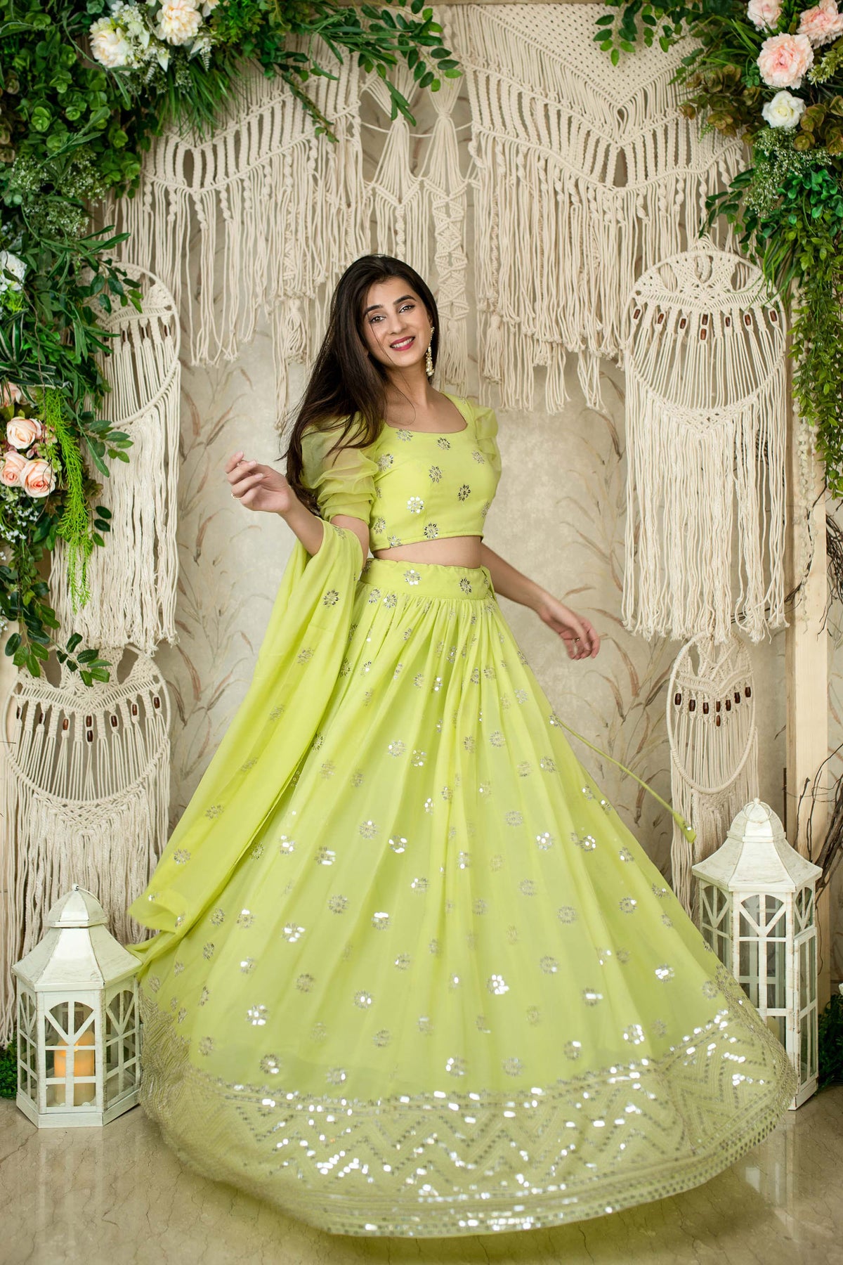 Green Georgette Sequins & Zari Embroidered Mehendi Lehenga