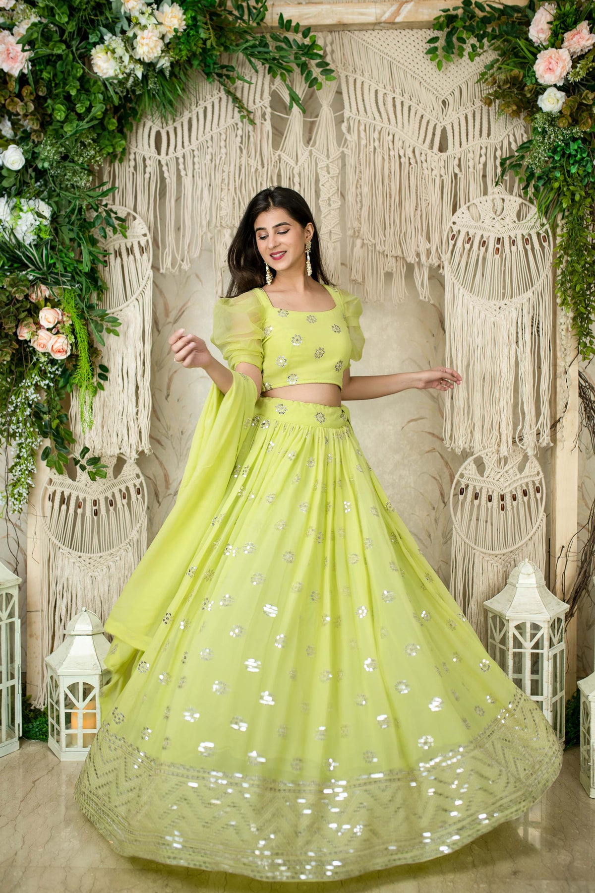 Green Georgette Sequins & Zari Embroidered Mehendi Lehenga