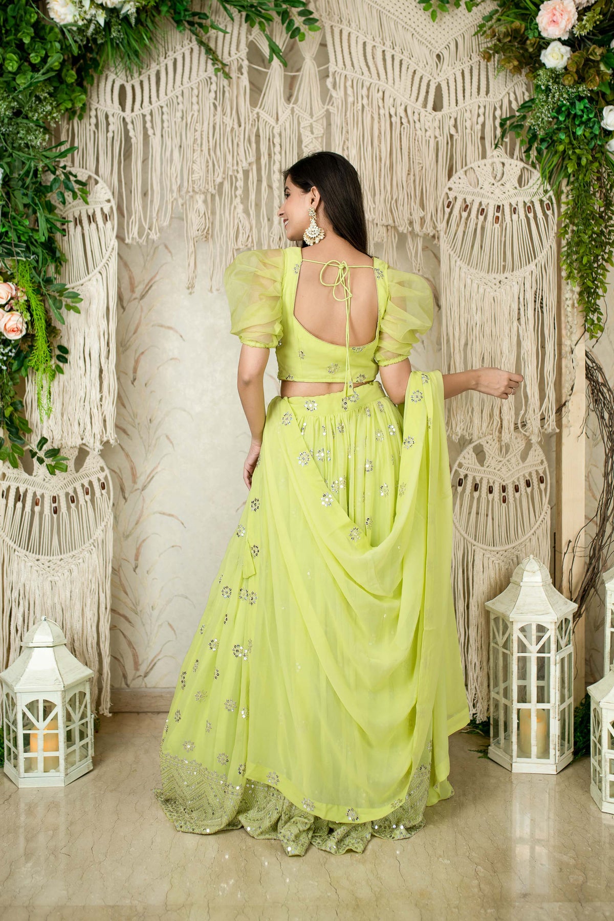Green Georgette Sequins & Zari Embroidered Mehendi Lehenga