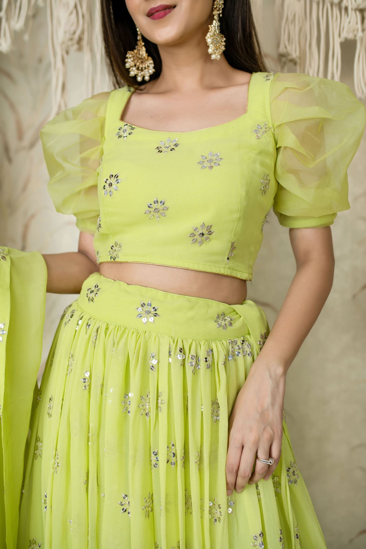 Green Georgette Sequins & Zari Embroidered Mehendi Lehenga