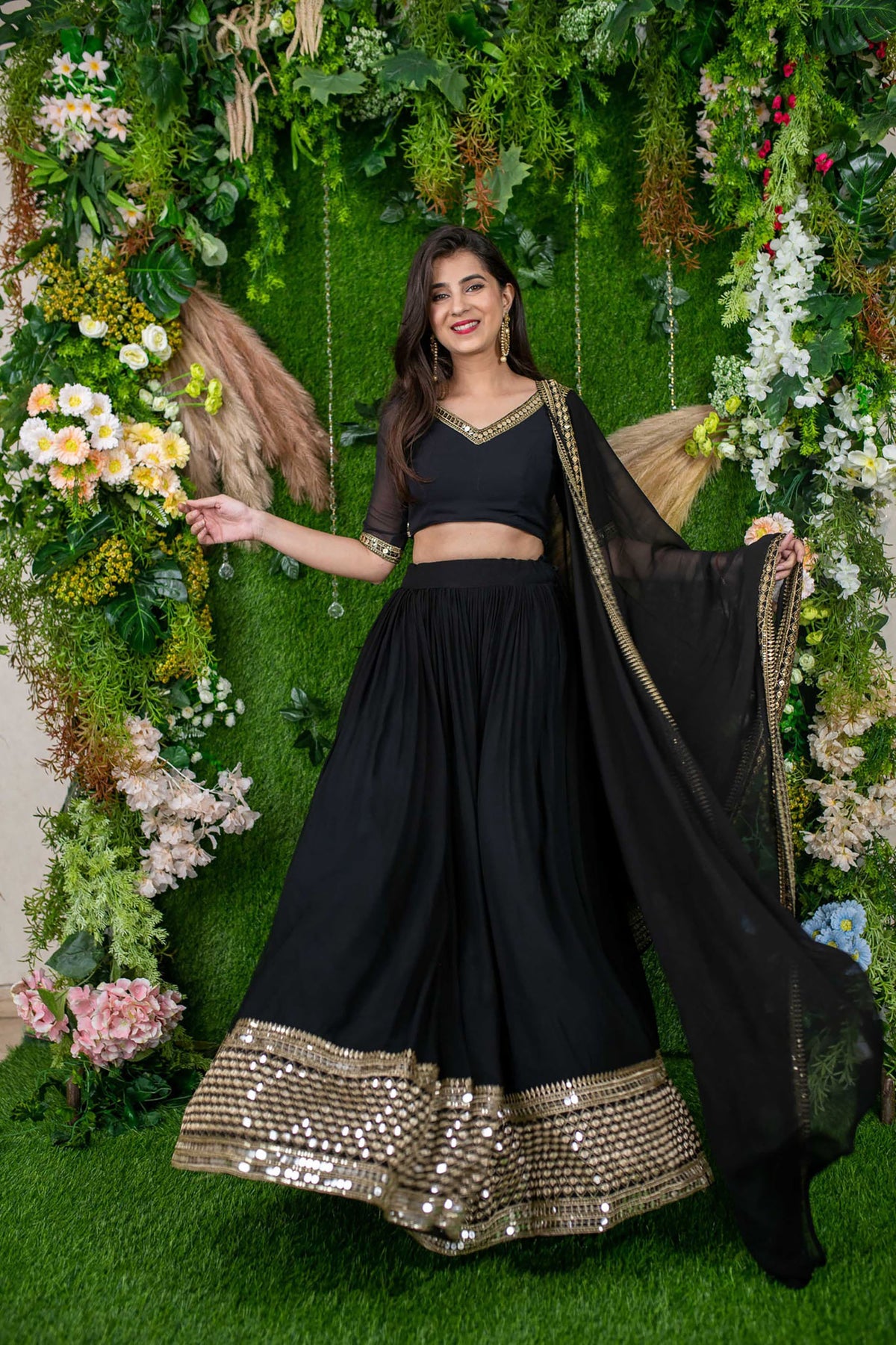 Black Georgette Sequins & Zari Embroidered Party Wear Lehenga