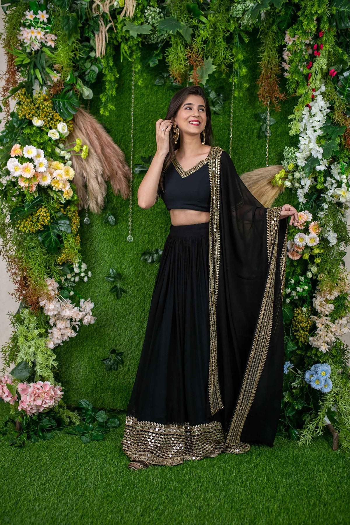 Black Georgette Sequins & Zari Embroidered Party Wear Lehenga