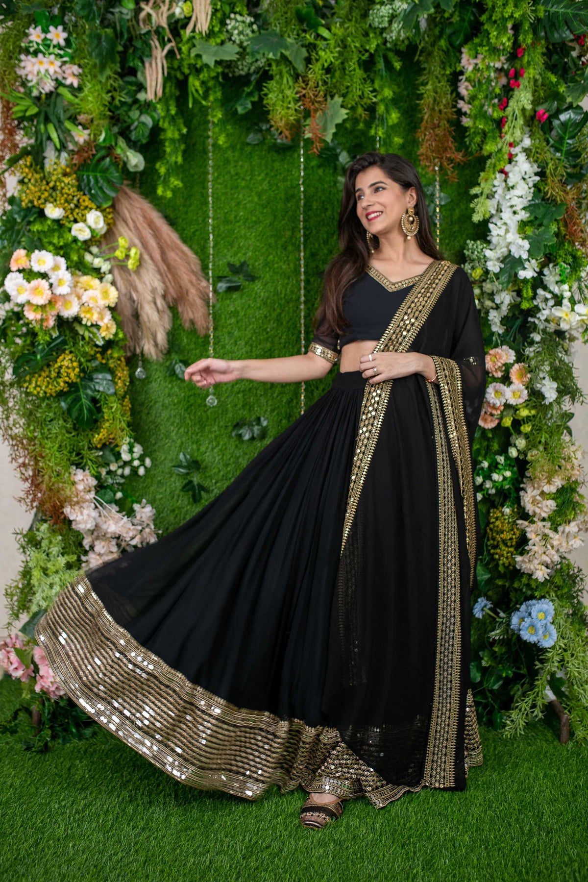 Black Georgette Sequins & Zari Embroidered Party Wear Lehenga
