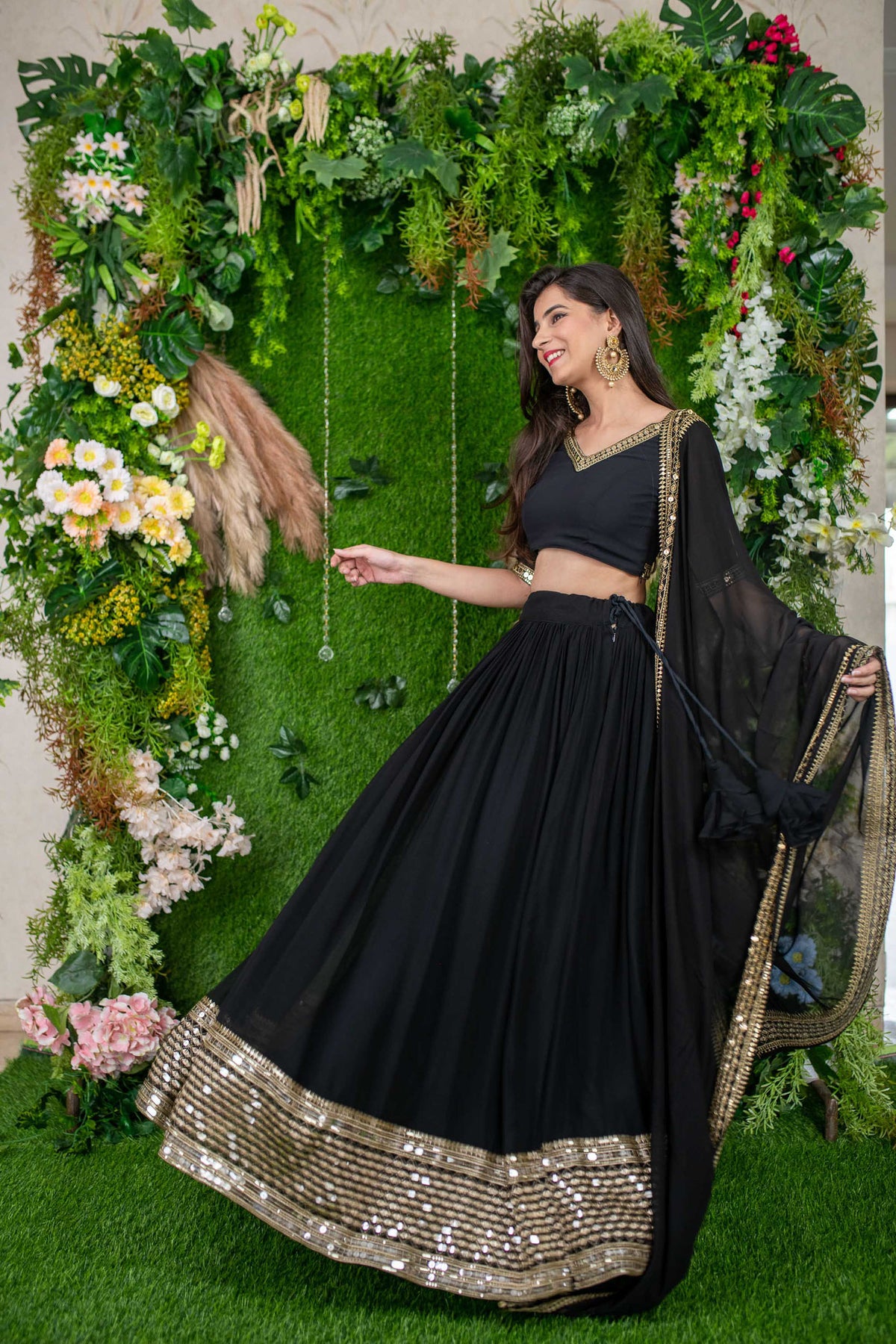 Black Georgette Sequins & Zari Embroidered Party Wear Lehenga