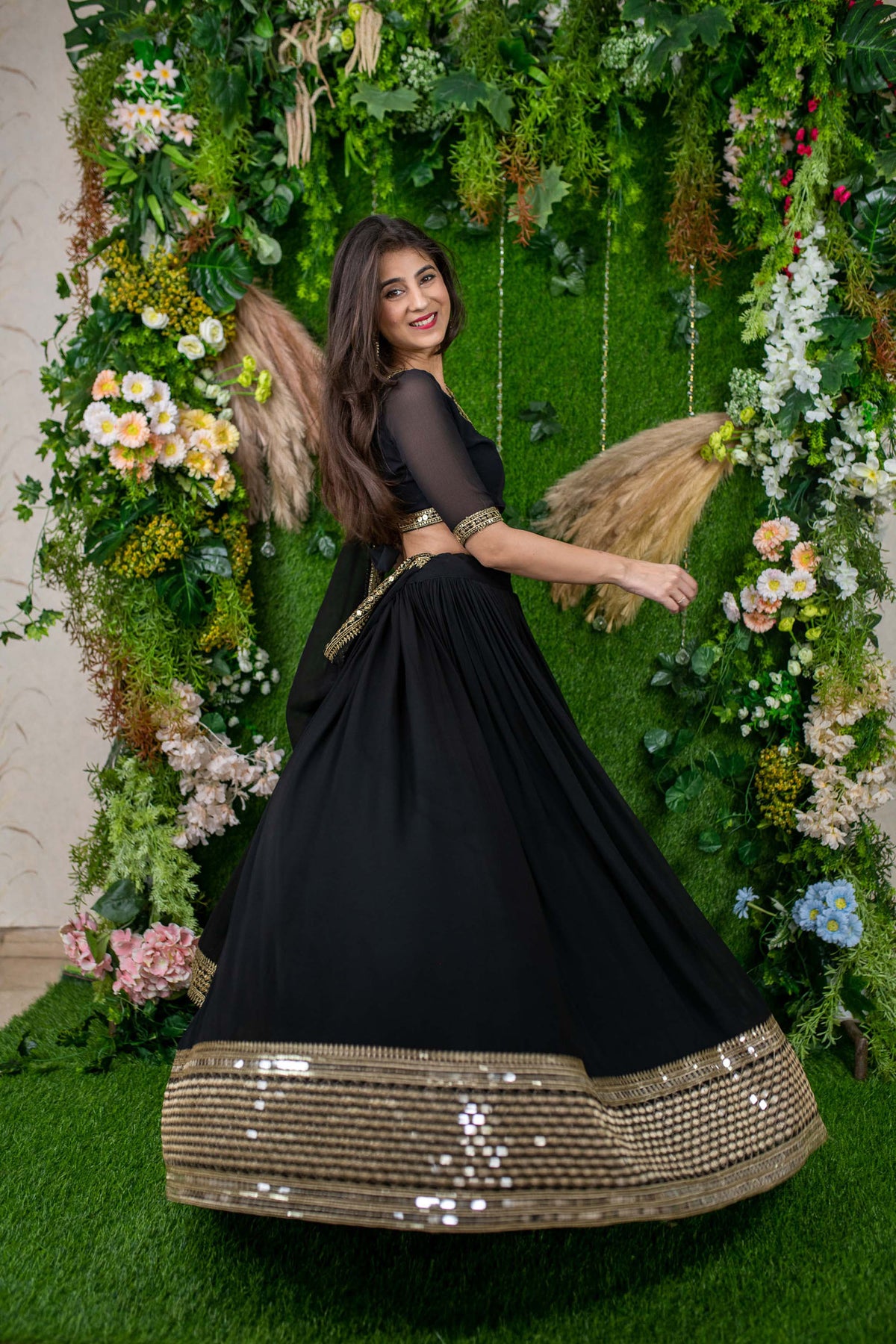 Black Georgette Sequins & Zari Embroidered Party Wear Lehenga