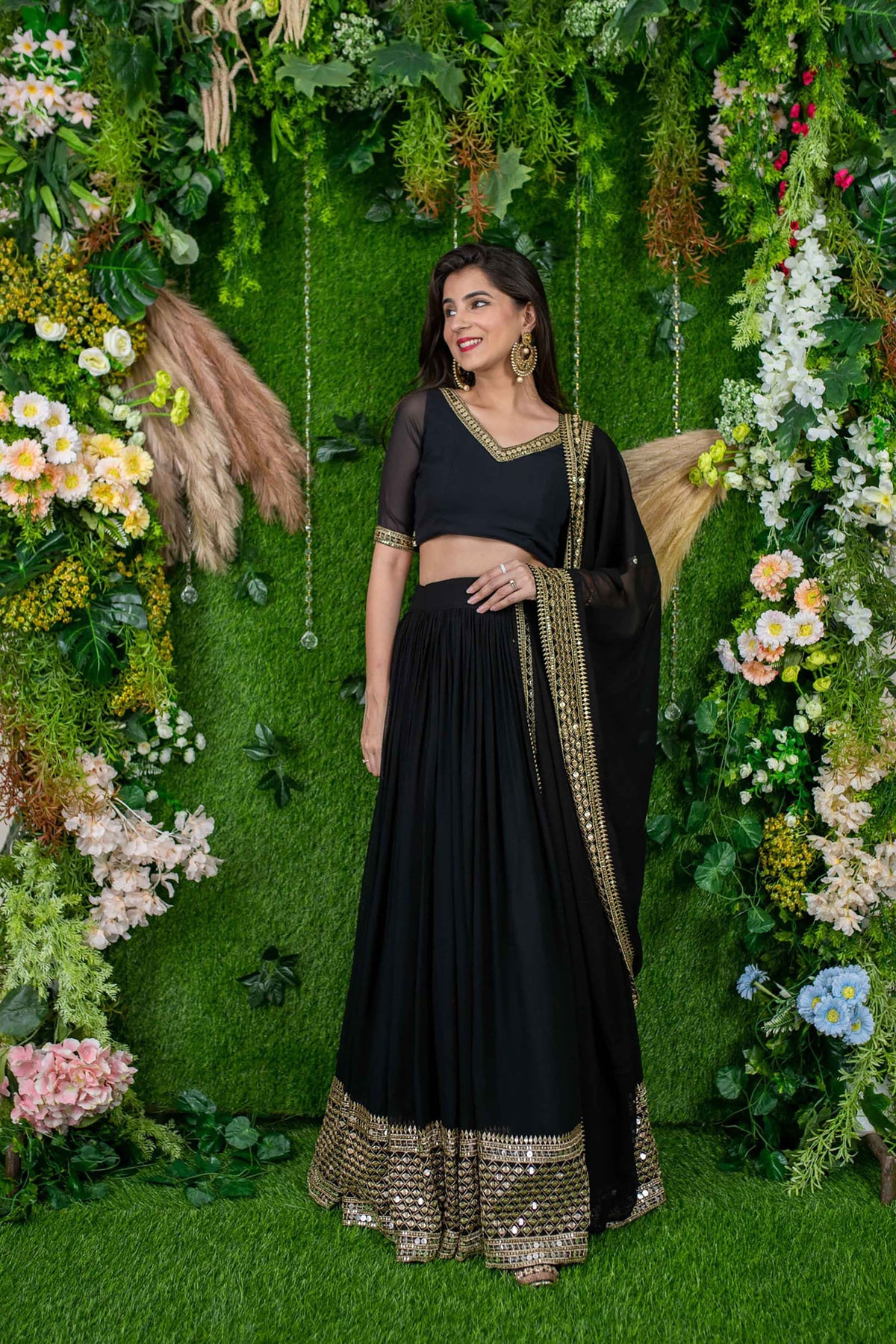 Black Georgette Sequins & Zari Embroidered Party Wear Lehenga