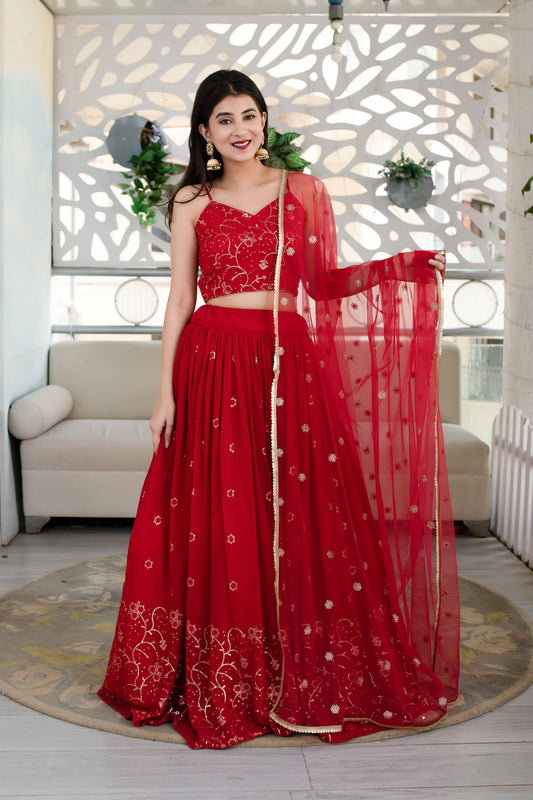Red Georgette Sequins & Zari Embroidered Festive Lehenga