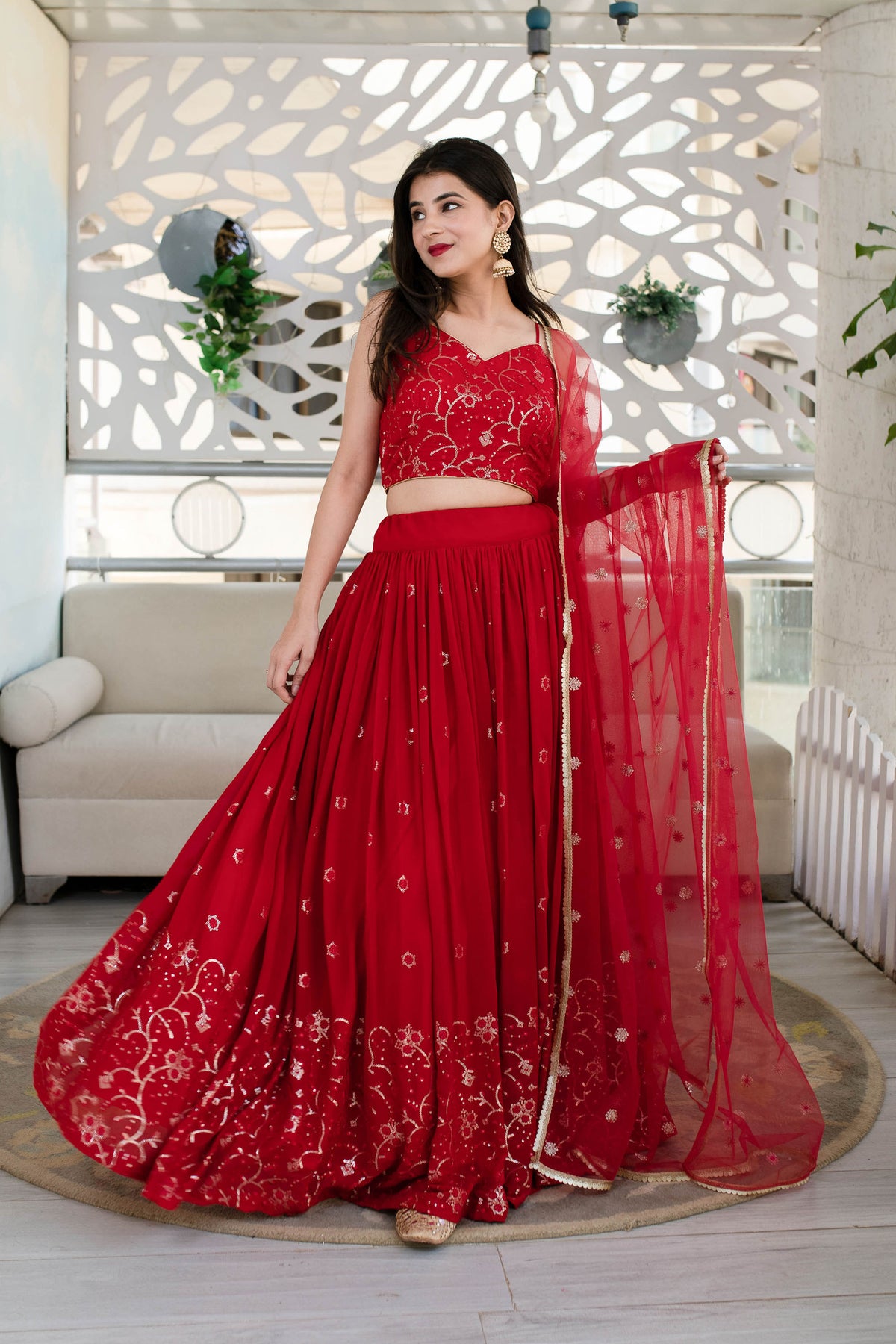 Red Georgette Sequins & Zari Embroidered Festive Lehenga