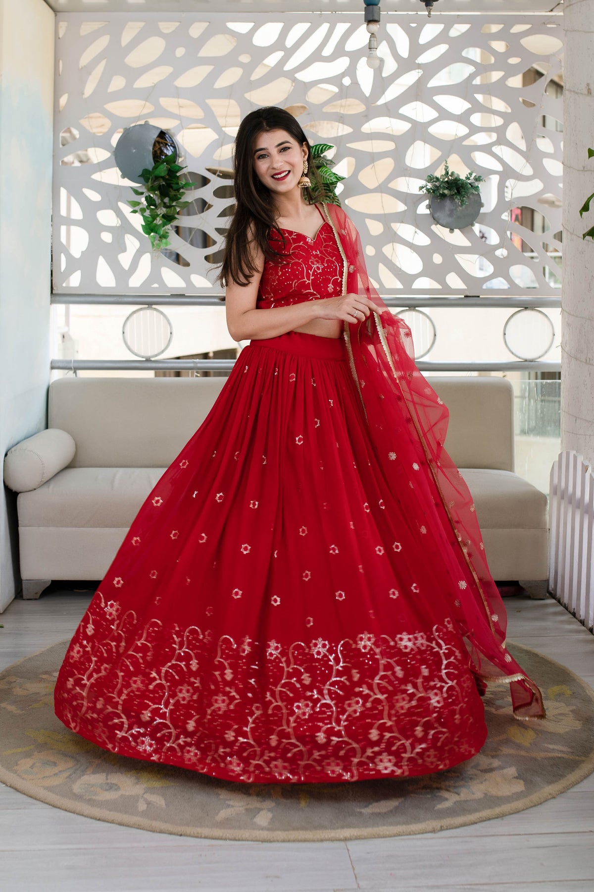 Red Georgette Sequins & Zari Embroidered Festive Lehenga