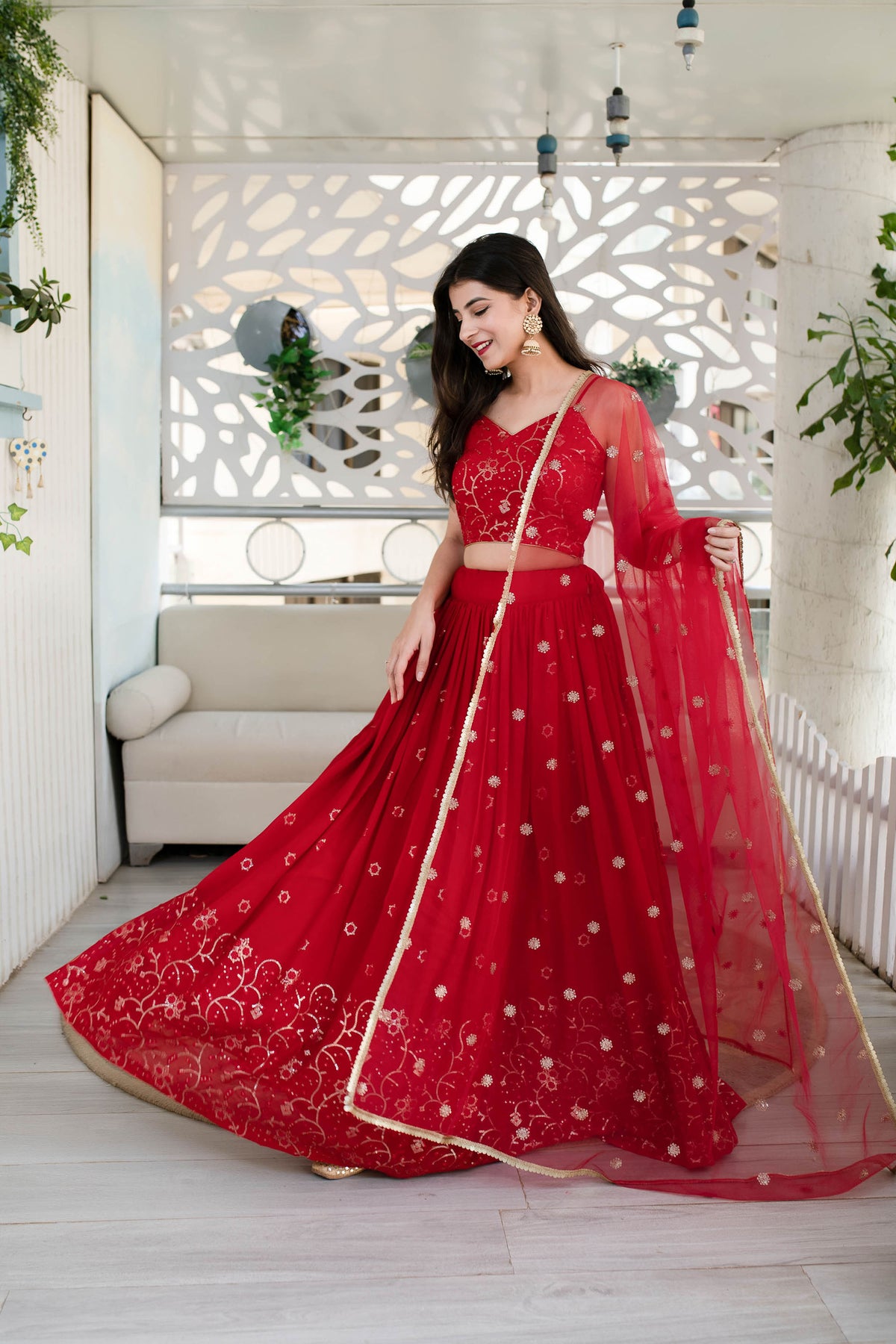 Red Georgette Sequins & Zari Embroidered Festive Lehenga
