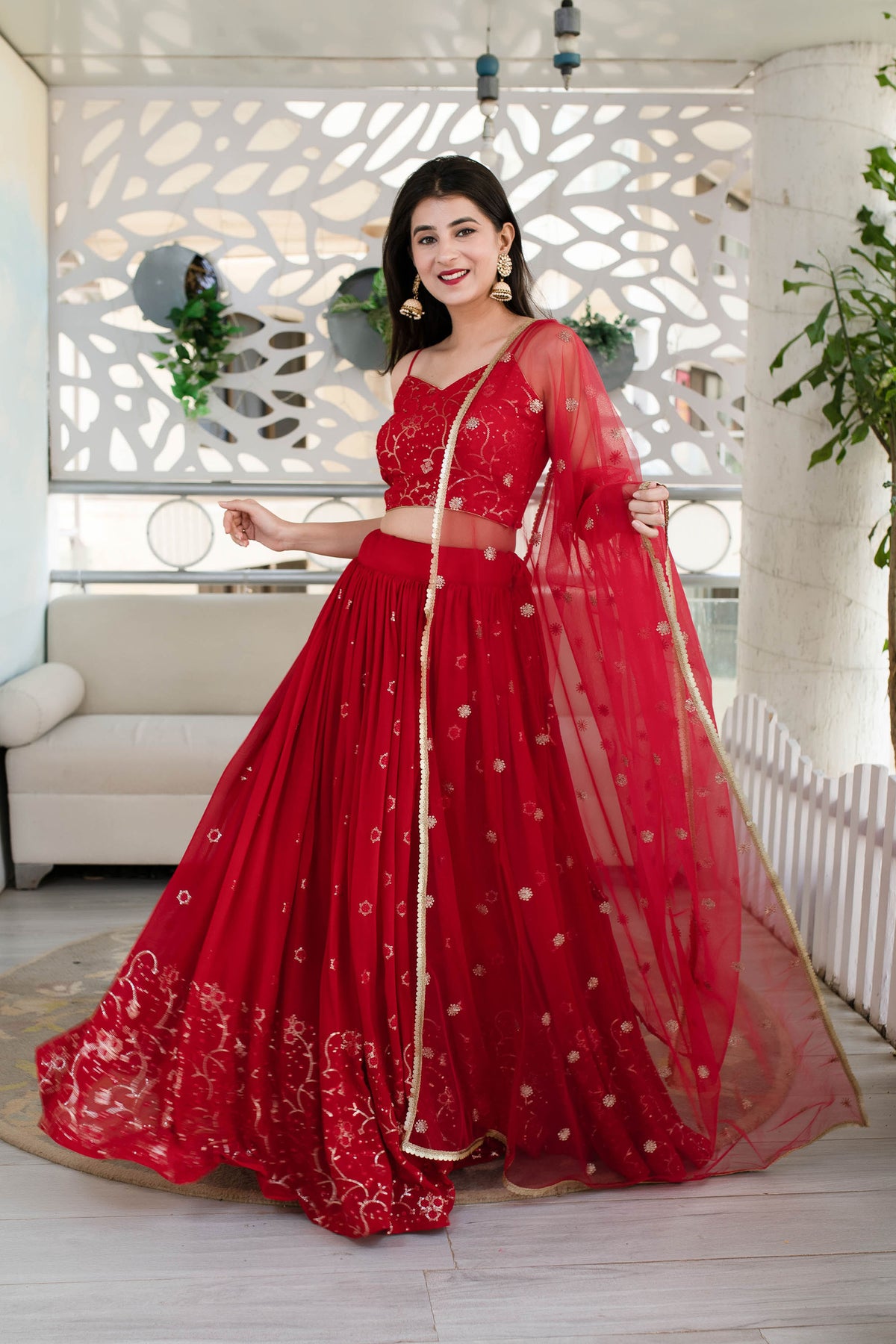 Red Georgette Sequins & Zari Embroidered Festive Lehenga