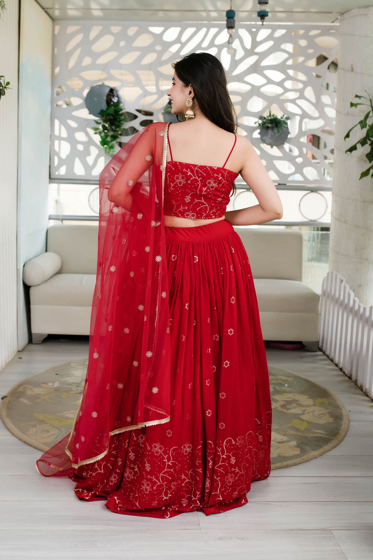 Red Georgette Sequins & Zari Embroidered Festive Lehenga