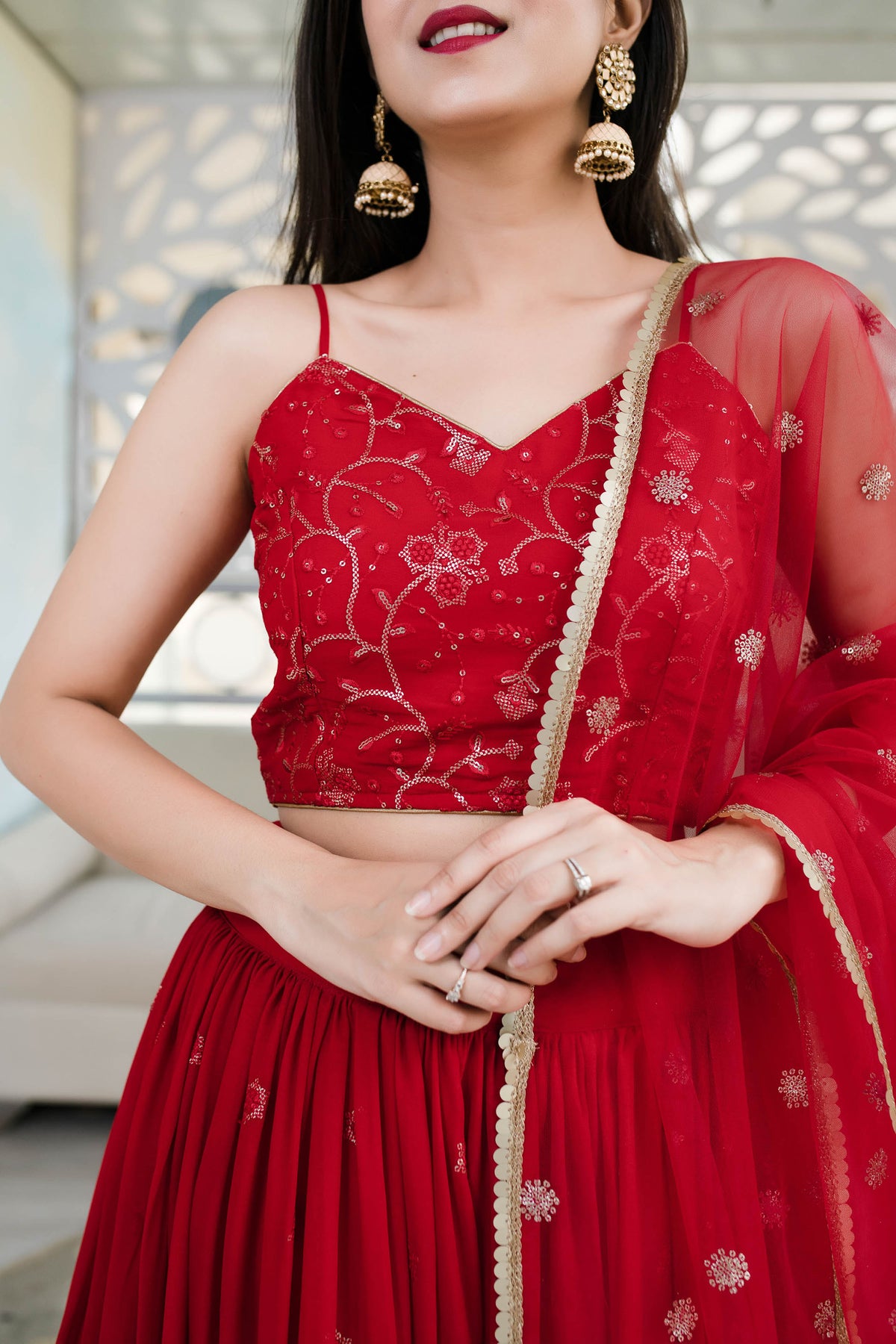 Red Georgette Sequins & Zari Embroidered Festive Lehenga